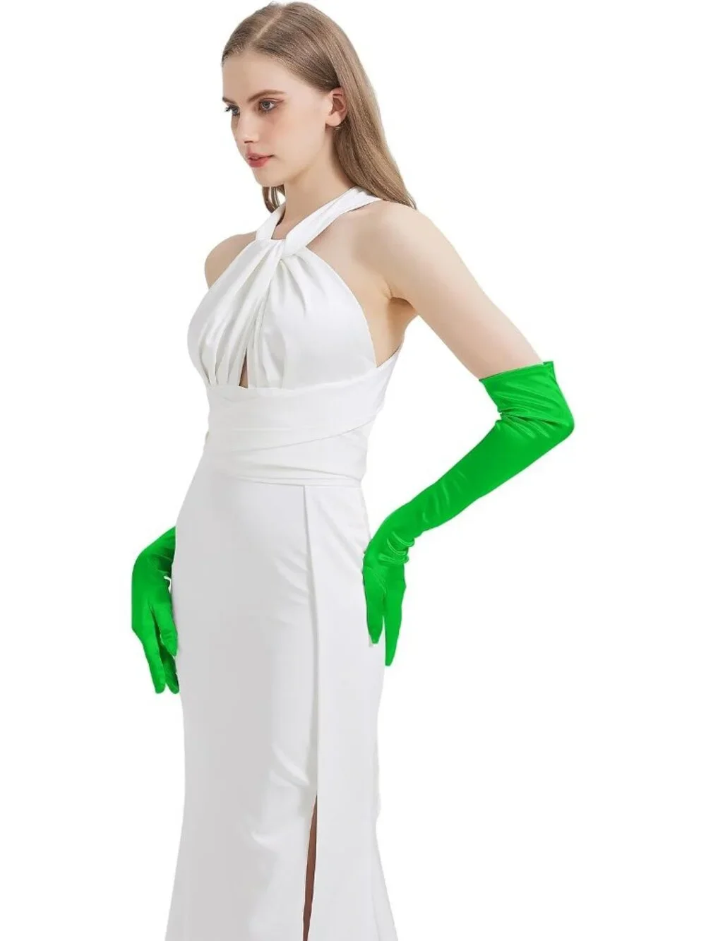 Women's Bright Green Satin Opera Elbow Length 1920s Flapper Long Gloves Party